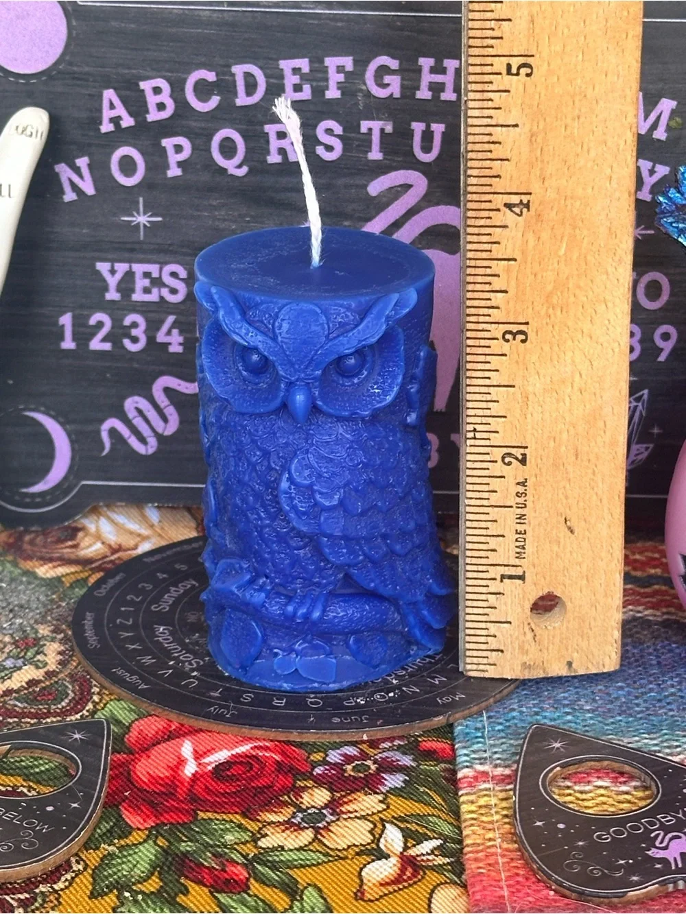 Blue Wise Owl Pillar Candle | Woodland Witch Decor